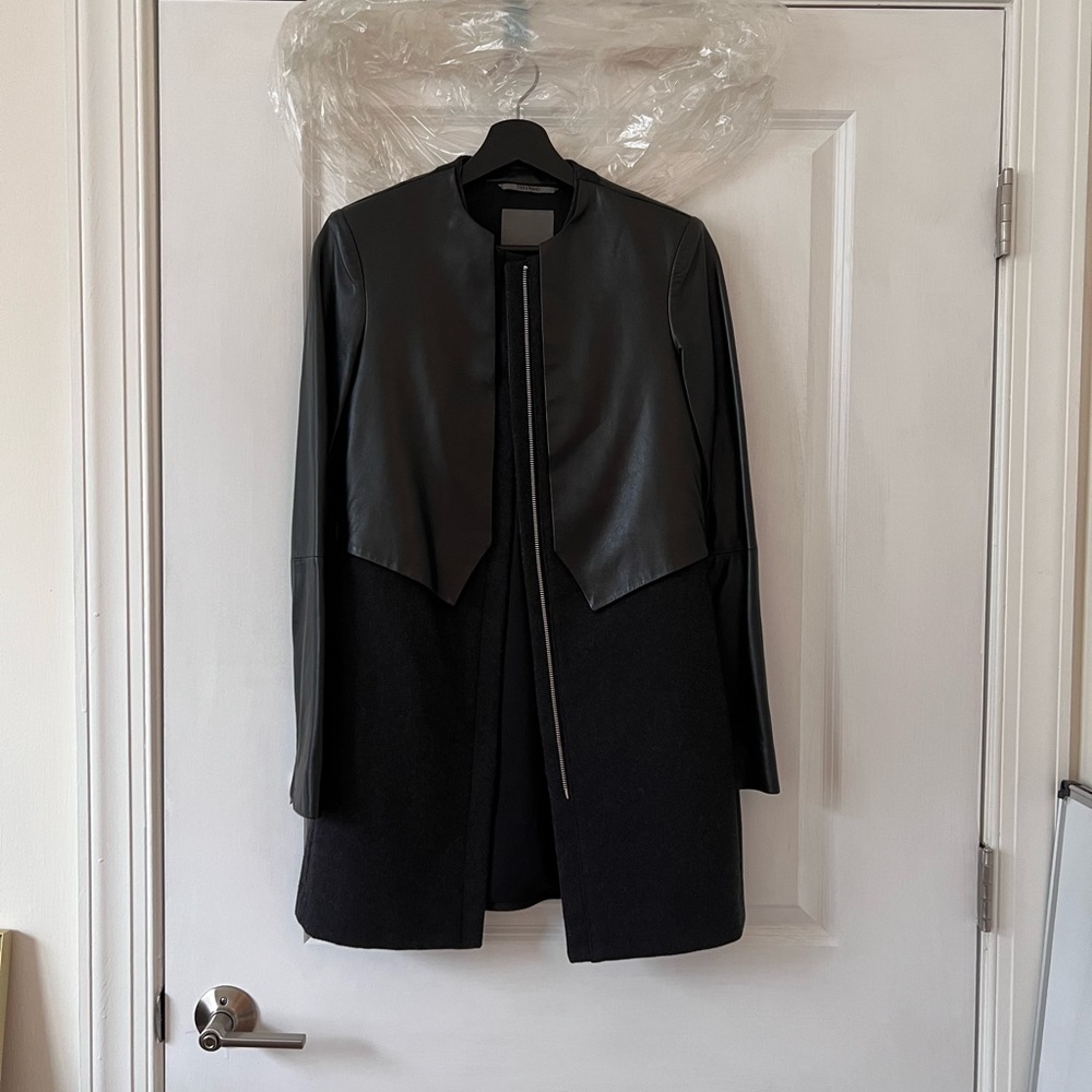 Vera Wang Wool & Leather Mid-Length Coat – XS, Black, Designer Outerwear
